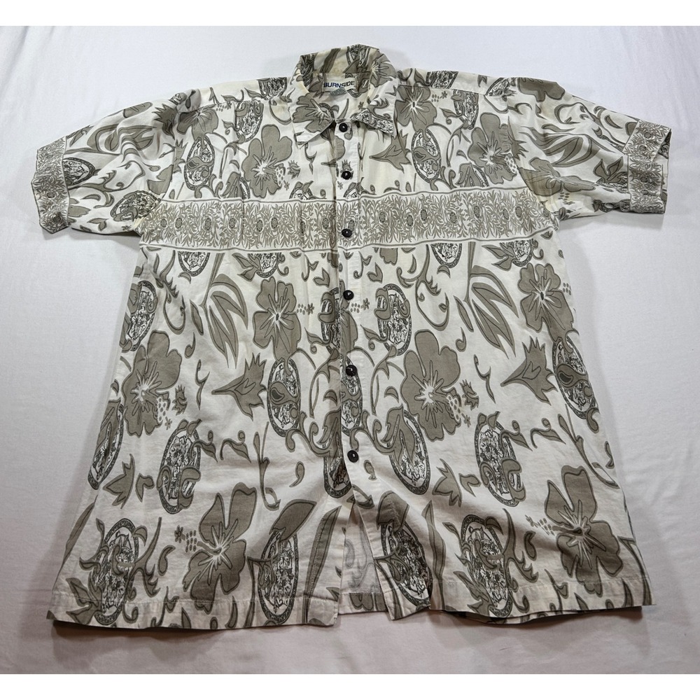 Burnside Mens Large Short Sleeve Button Up Shirt Floral Tropical Cotton Beige